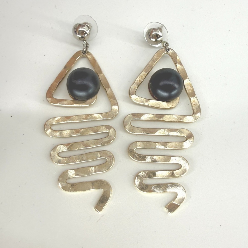 RETRO  Geometric Pattern Long Drop Goldtone Metal Pierced Earrings 3.3" Stone